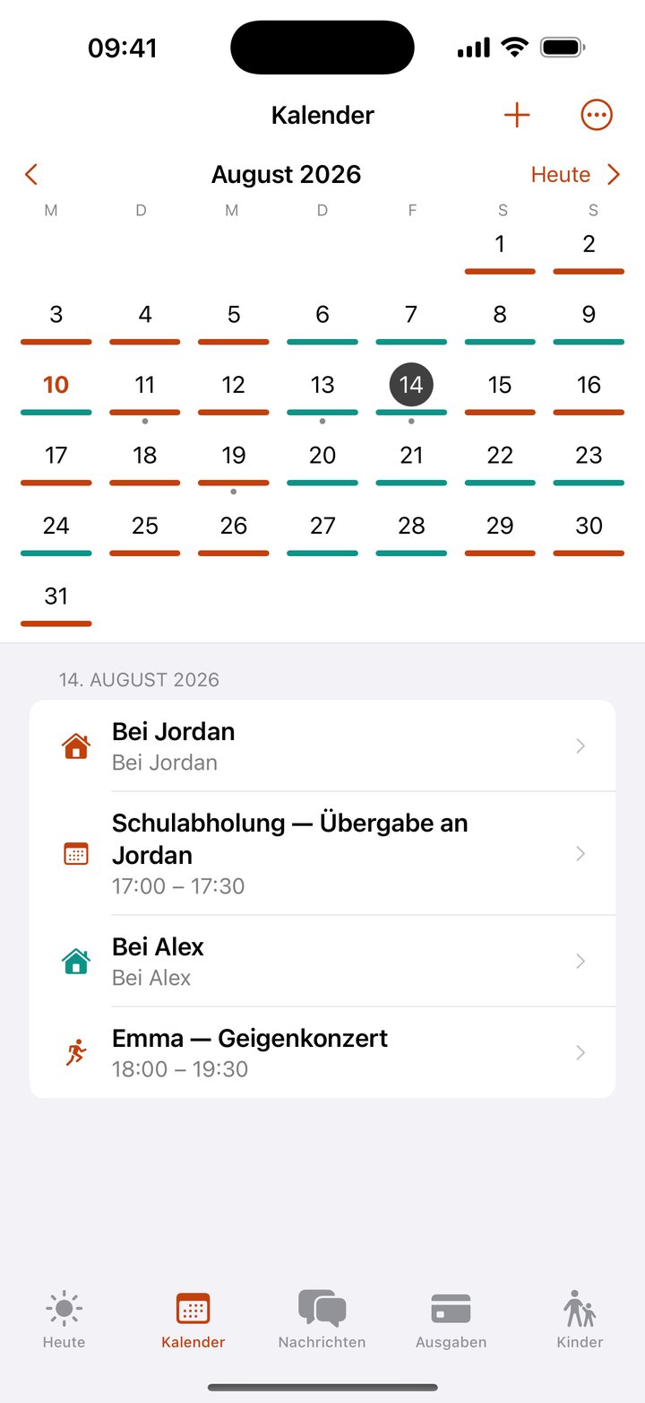 Der Umgangskalender von Coparoo: nach Elternteil farbcodierte Tage und die heutige Übergabe