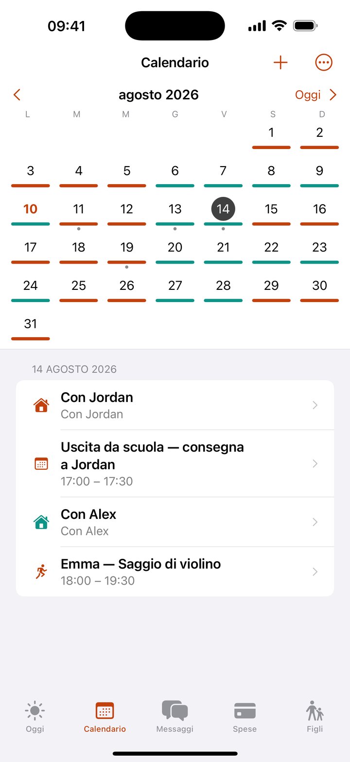 Il calendario dell’affidamento di Coparoo: giorni colorati per genitore e la consegna di oggi