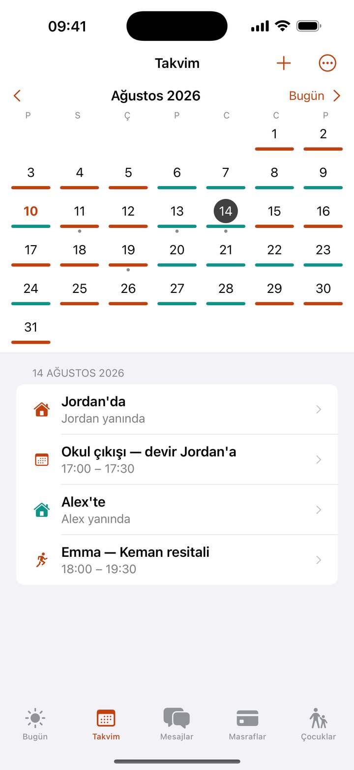 Coparoo velayet takvimi: ebeveyne göre renk kodlu günler ve bugünkü teslim